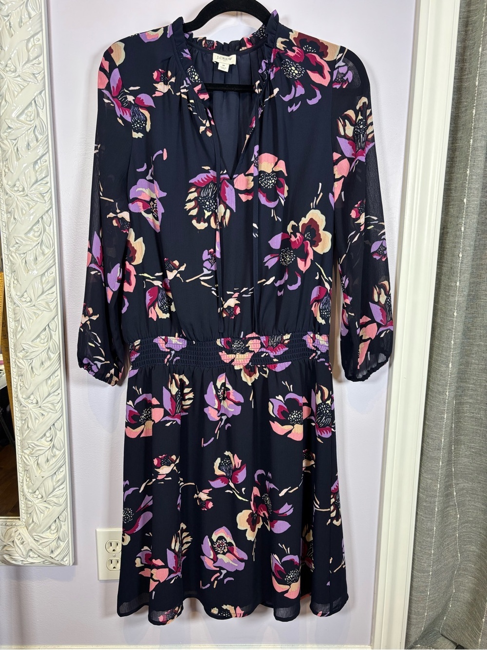 J. Crew Navy Chic Midi Dress with Pink & Purple Floral Print Ruffle Neck Size M